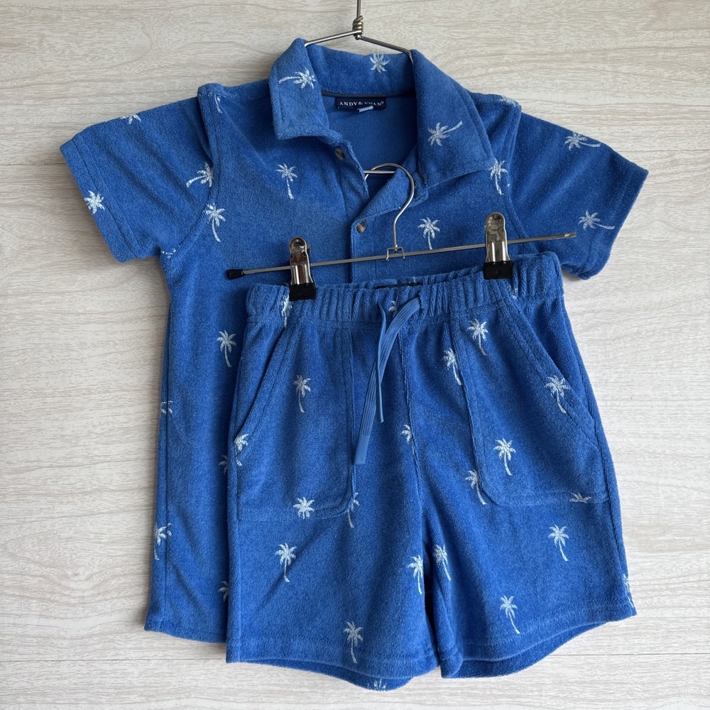 Kids blue Andy & Evan palm tree print Short Set Sz 6